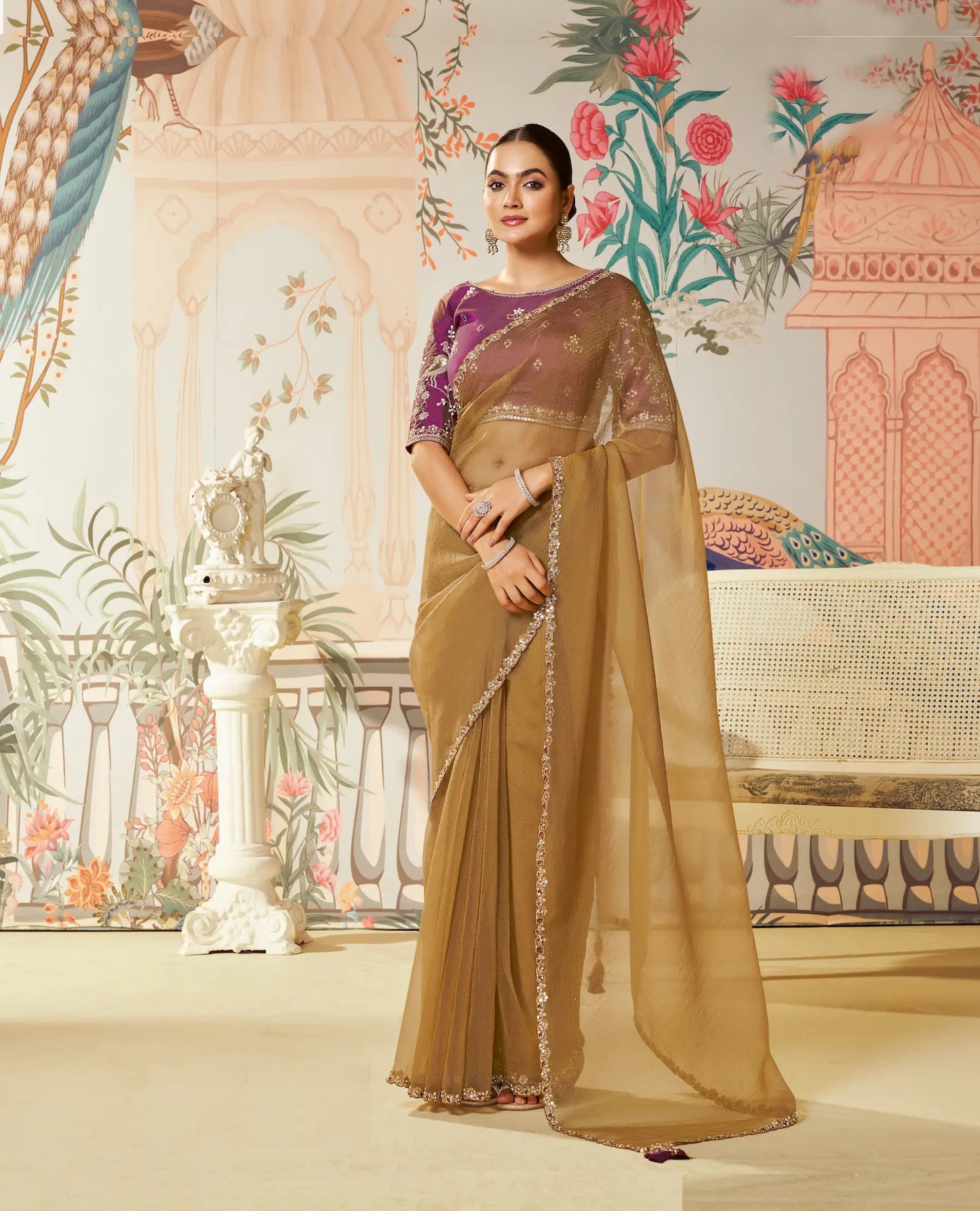 Golden Brown Satin Organza Embroidery Party Wear Saree
