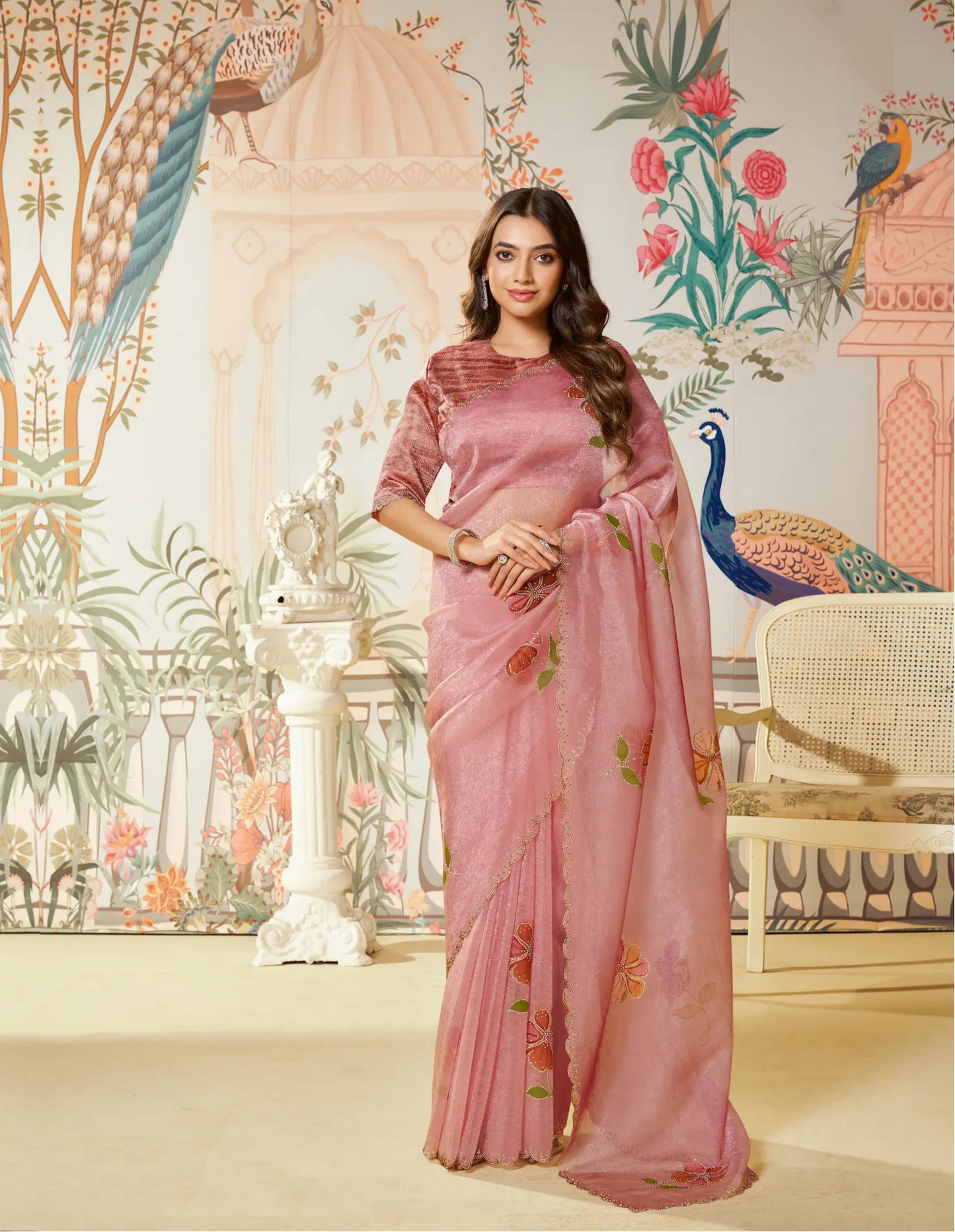 Peach Pink Satin Organza Embroidery Party Wear Saree