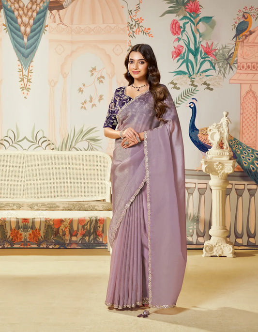 Lavender Zari Organza Embroidery Party Wear Saree