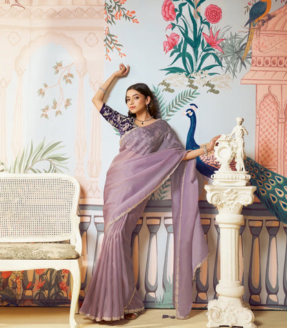 Lavender Zari Organza Embroidery Party Wear Saree