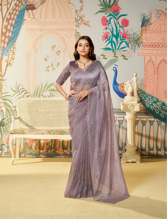 Light Mauve Satin Organza Embroidery Party Wear Saree