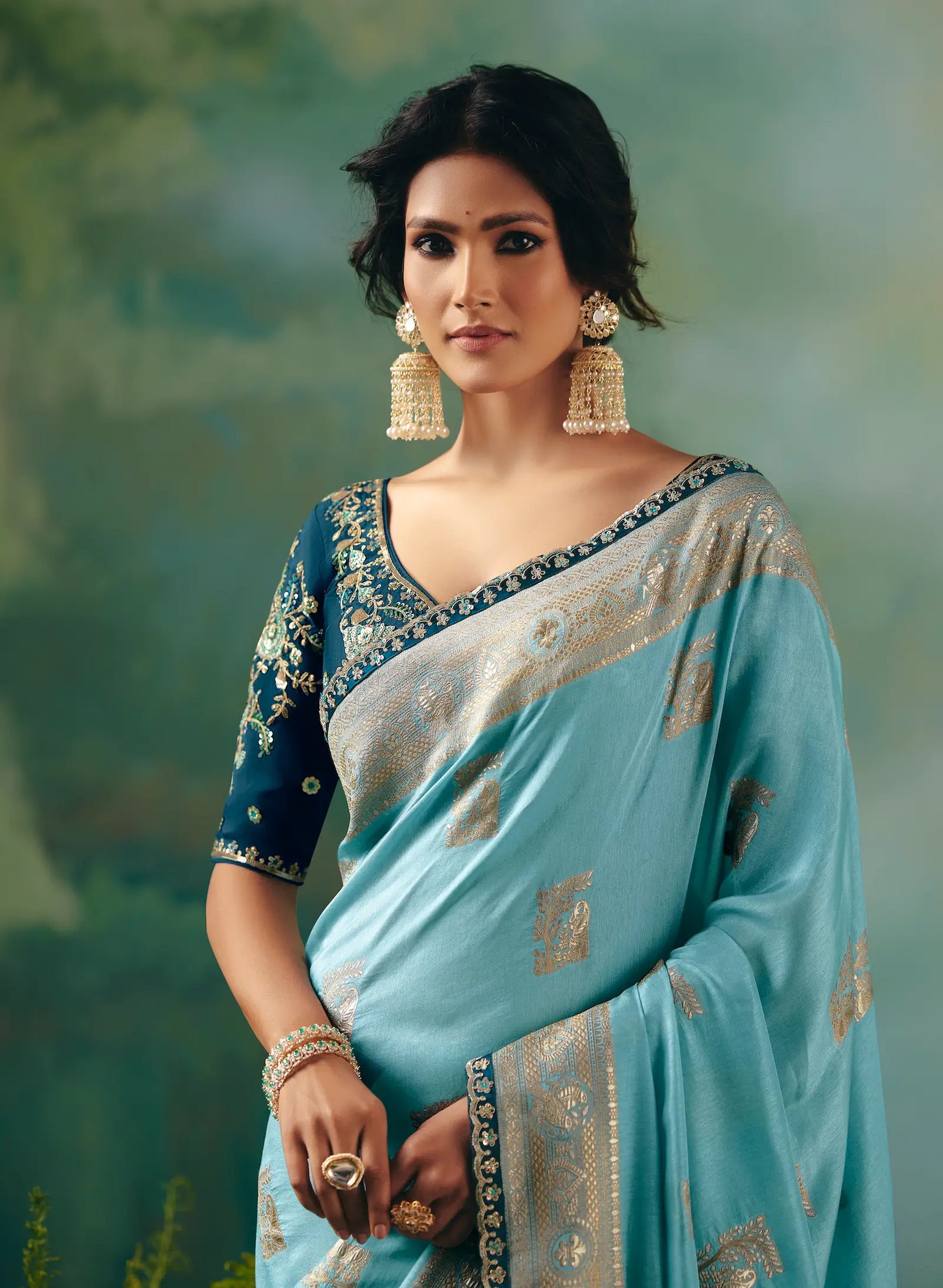 Sky Blue Dola Silk Saree With Embroidery Work Blouse