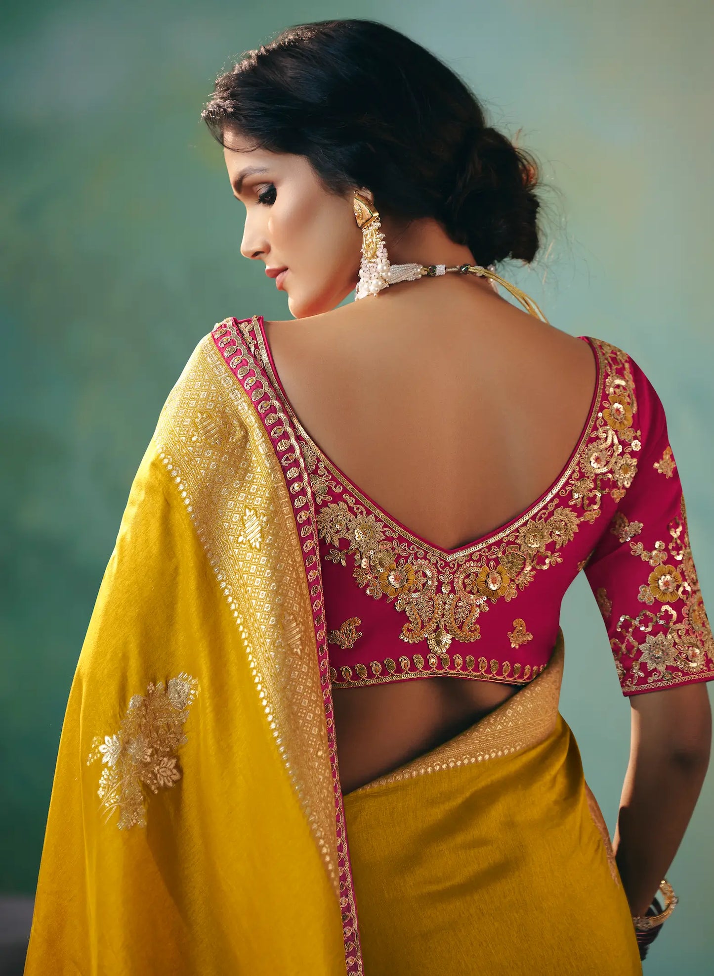 Bee Yellow Dola Silk Saree With Embroidery Work Blouse