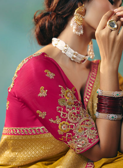 Bee Yellow Dola Silk Saree With Embroidery Work Blouse