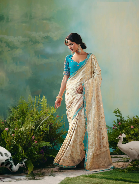 Antique White Dola Silk Saree With Embroidery Work Blouse