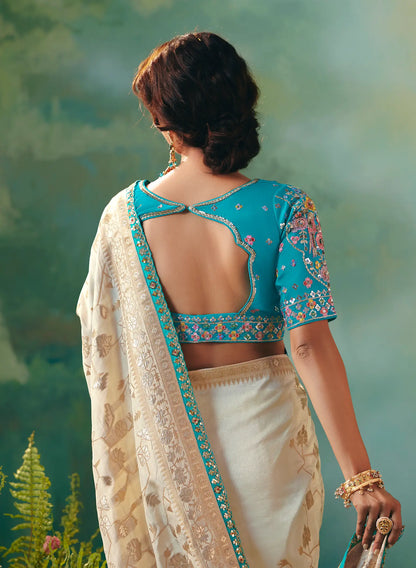 Antique White Dola Silk Saree With Embroidery Work Blouse