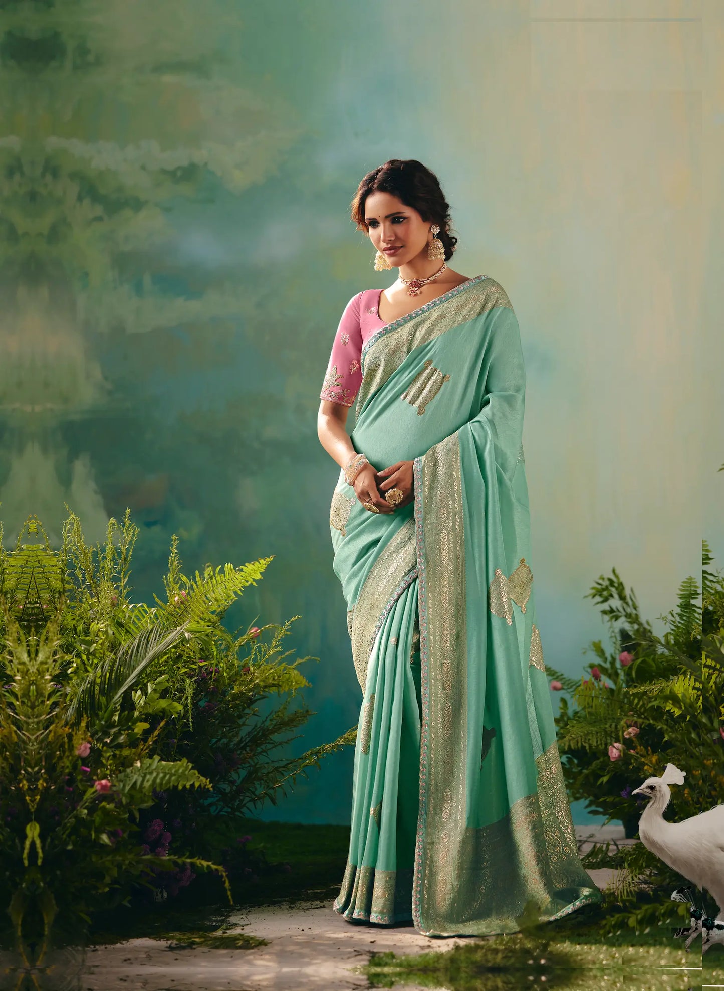 Sea Green Dola Silk Saree With Embroidery Work Blouse