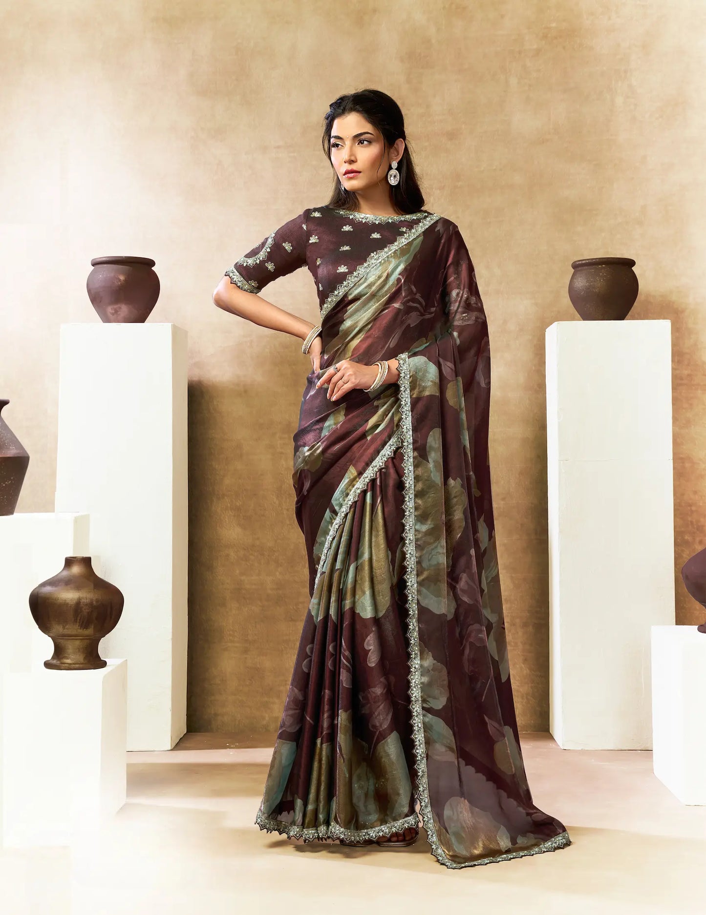 Cocoa Brown Floral Print Saree with Border
