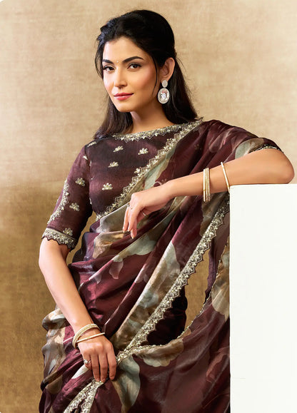 Cocoa Brown Floral Print Saree with Border