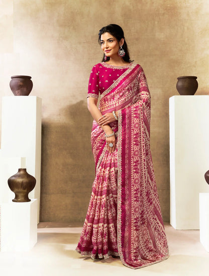 Pink-Beige Warli Print Saree with Border