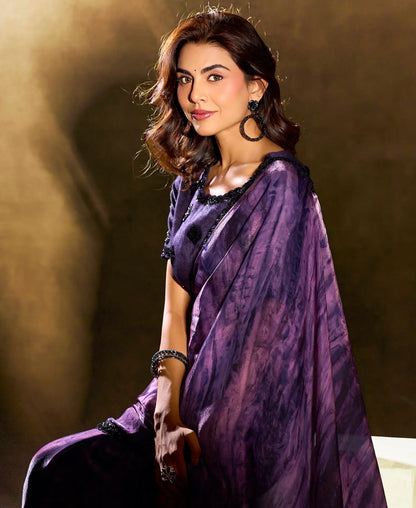 Plum Purple Abstract Print Saree with Border