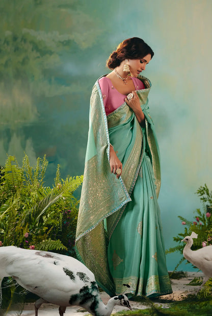 Sea Green Dola Silk Saree With Embroidery Work Blouse