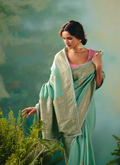 Sea Green Dola Silk Saree With Embroidery Work Blouse