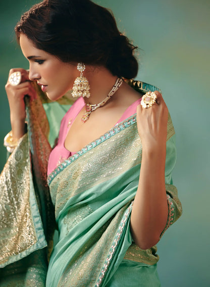 Sea Green Dola Silk Saree With Embroidery Work Blouse