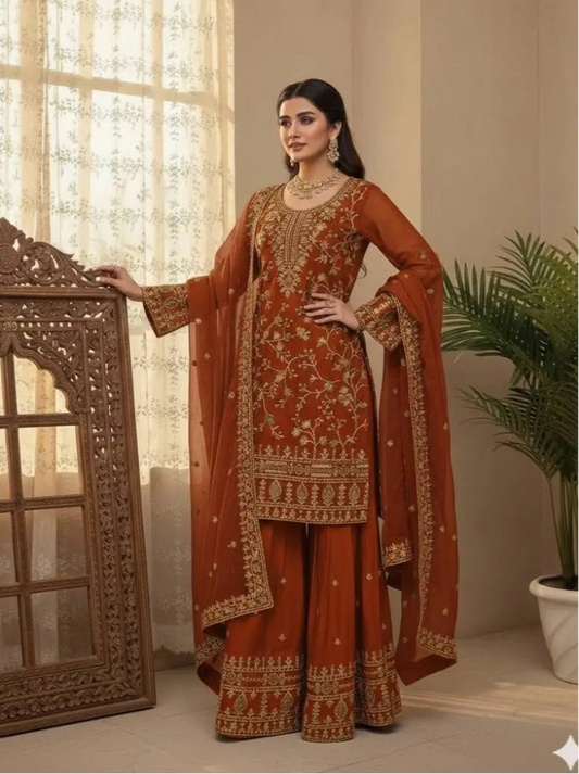 Rust Orange Jimmy Choo Embroidery Salwar Suit