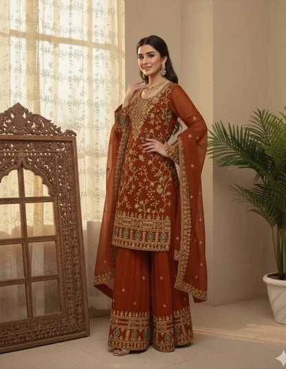 Rust Orange Jimmy Choo Embroidery Salwar Suit