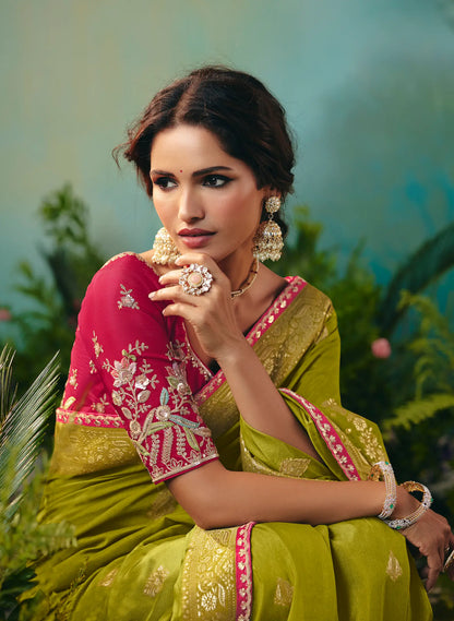 Olive Green Dola Silk Saree With Embroidery Work Blouse