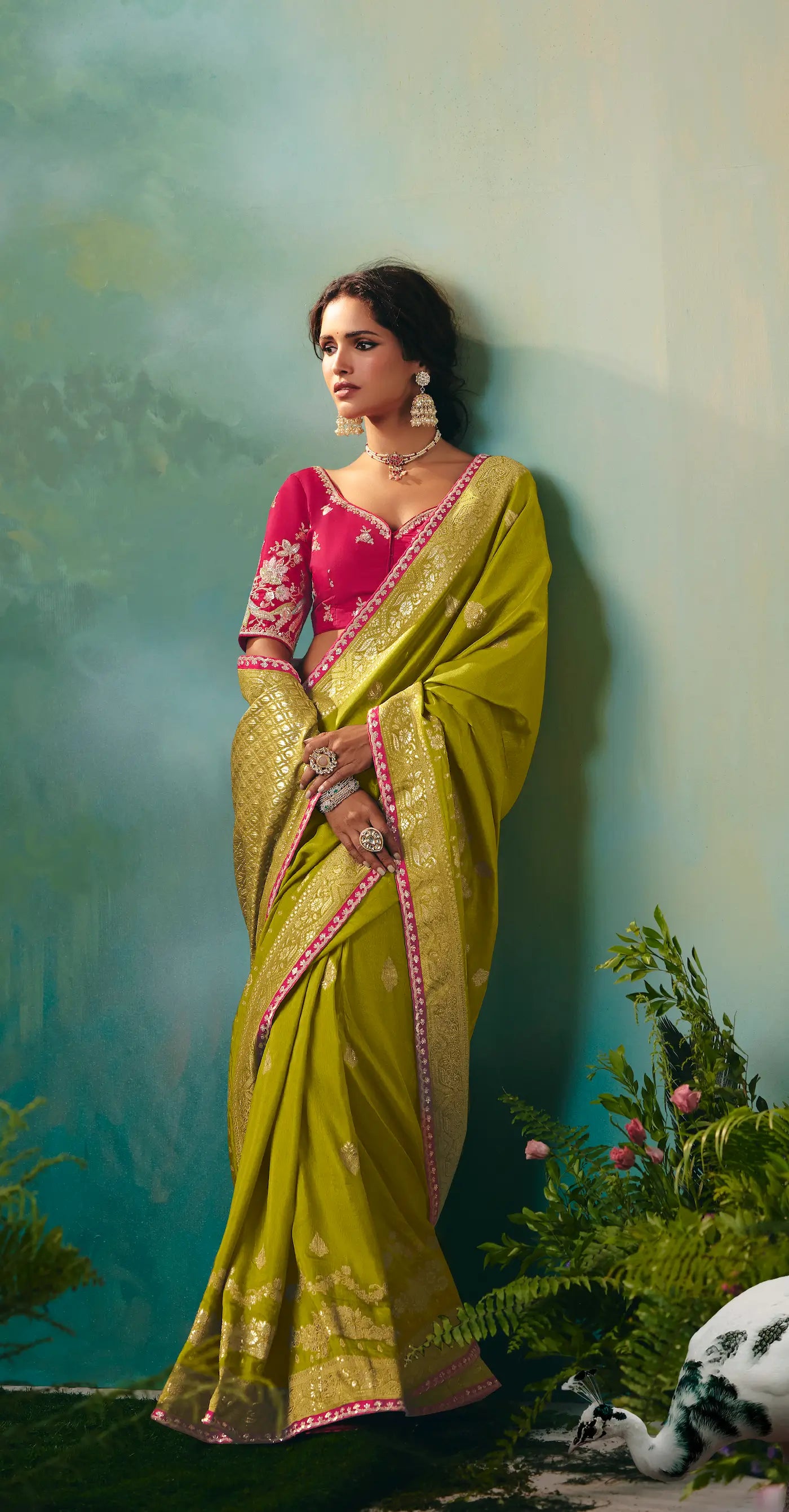 Olive Green Dola Silk Saree With Embroidery Work Blouse
