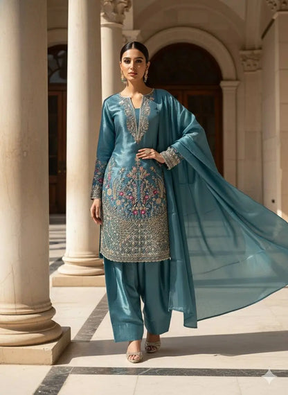 Teal Blue Jimmy Choo embroidery Salwar Suit