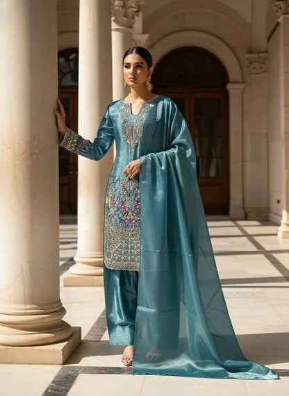 Teal Blue Jimmy Choo embroidery Salwar Suit