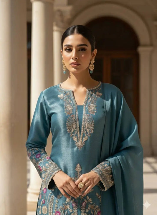 Teal Blue Jimmy Choo embroidery Salwar Suit