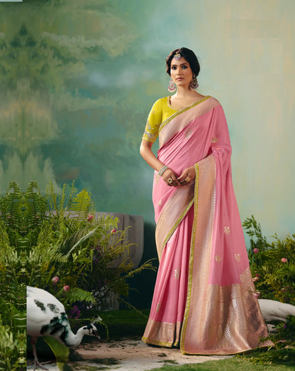 Salmon Pink Dola Silk Saree With Embroidery Work Blouse