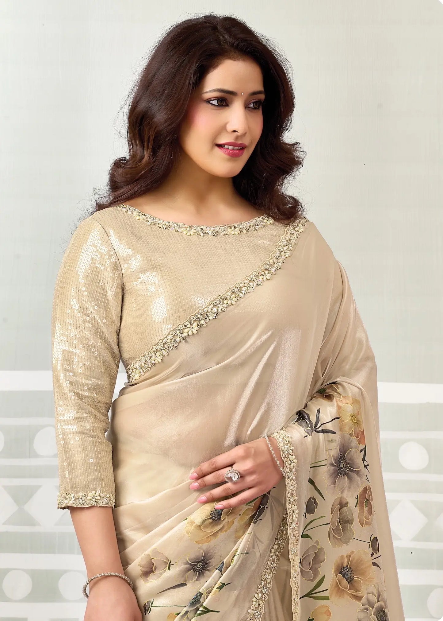 Champagne Embroidery Border Work Saree
