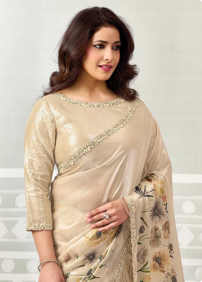 Champagne Embroidery Border Work Saree