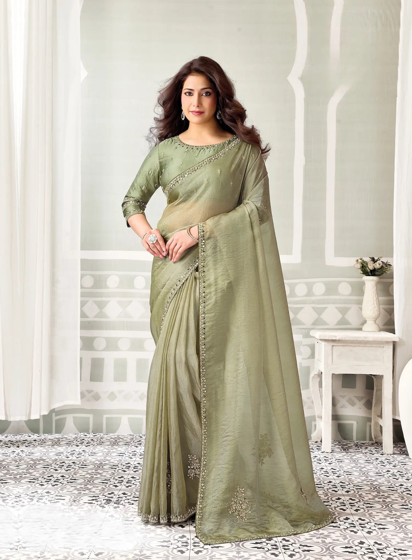 Sage Green Embroidery Work Saree
