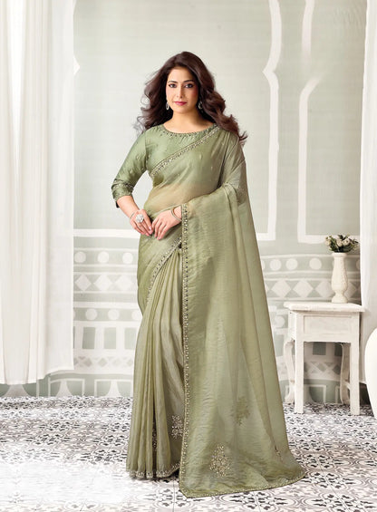 Sage Green Embroidery Work Saree