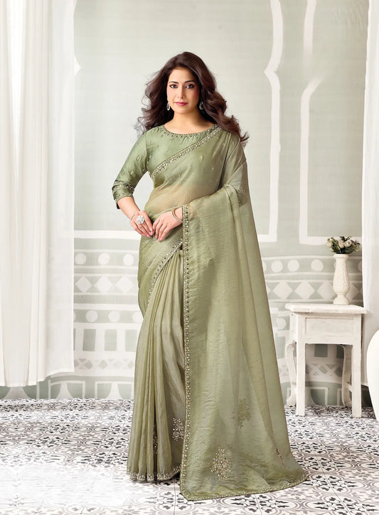 Sage Green Embroidery Work Saree