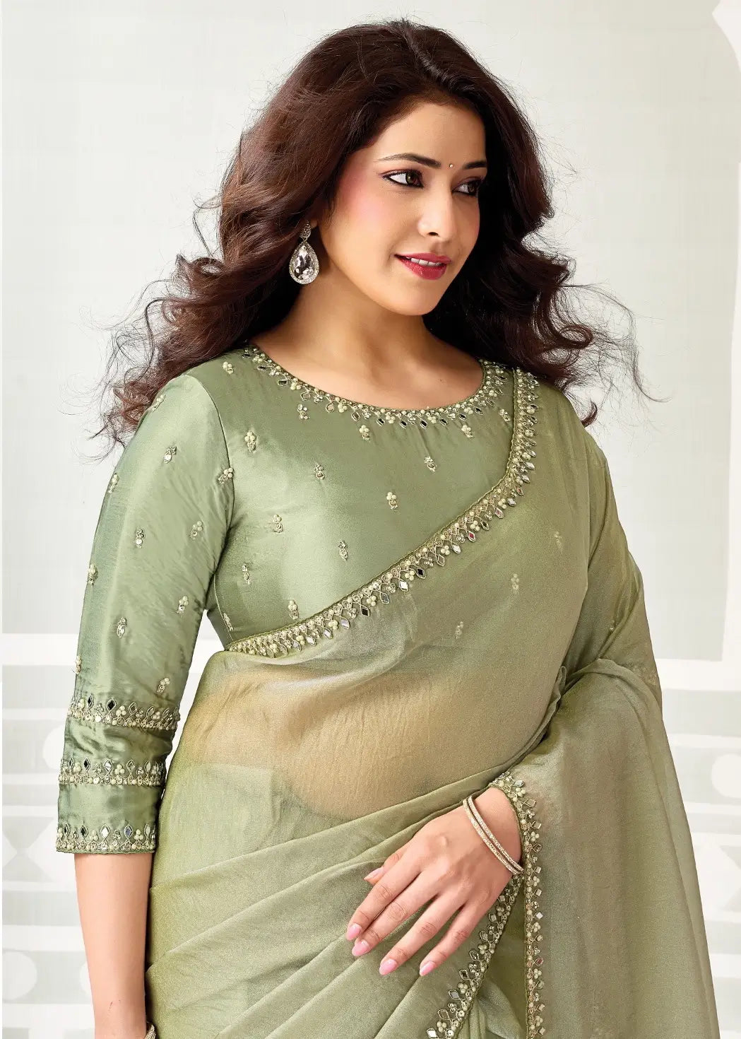 Sage Green Embroidery Work Saree