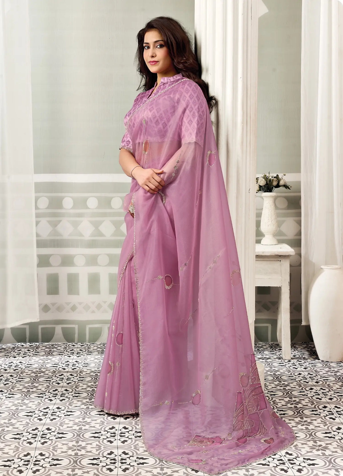 Light Pink Swarovski Stone Work Saree
