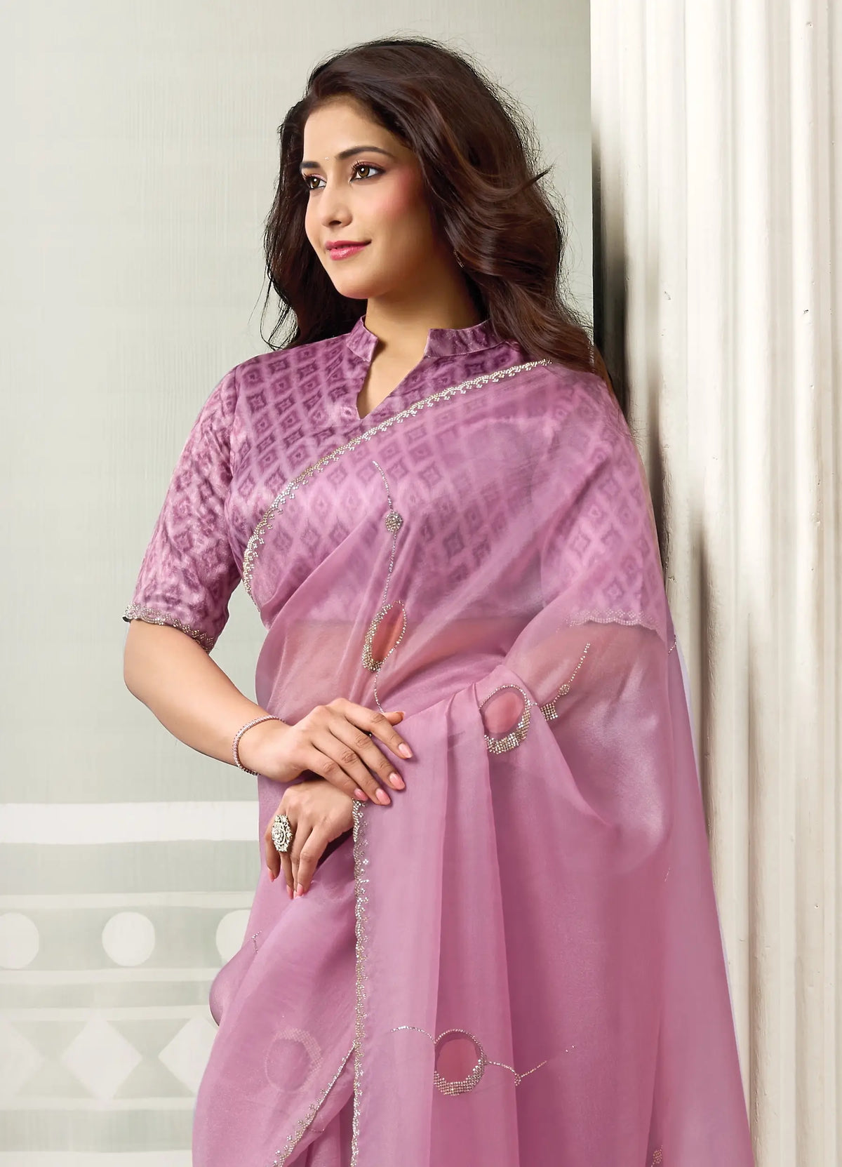 Light Pink Swarovski Stone Work Saree