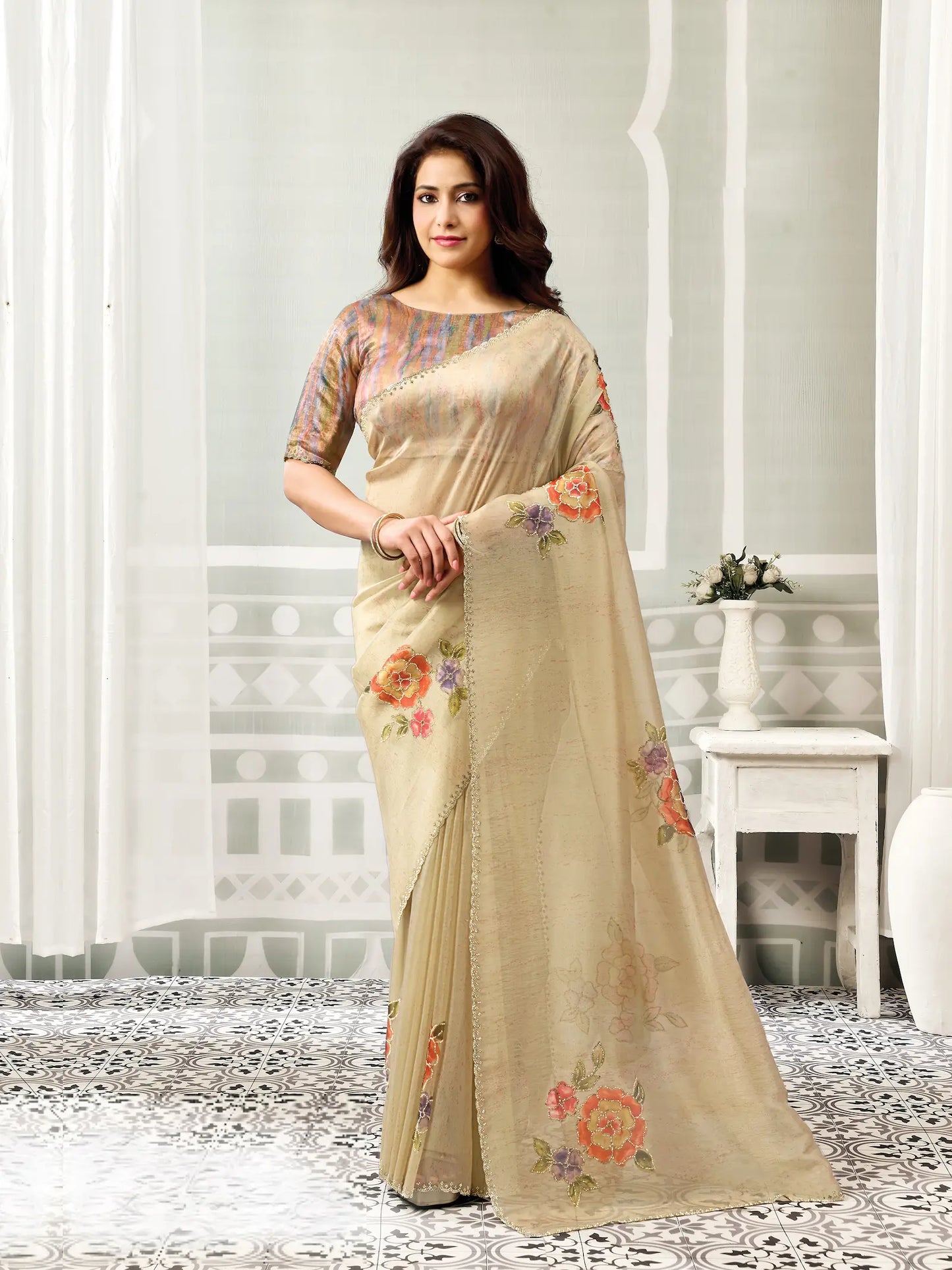 Sand Beige Swarovski Stone Work Saree