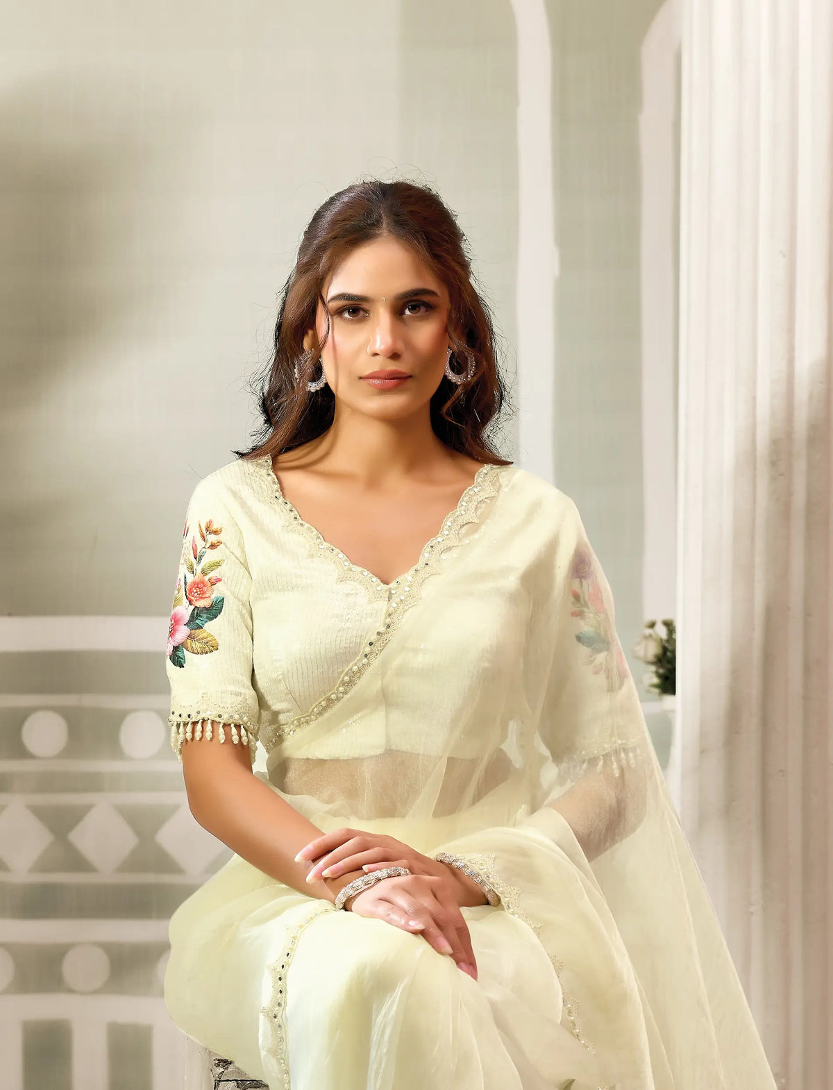 Off White Mirror & Pearl Border Work Saree