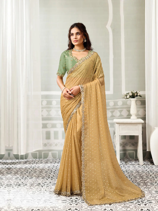 Golden Yellow Embroidery Work Saree