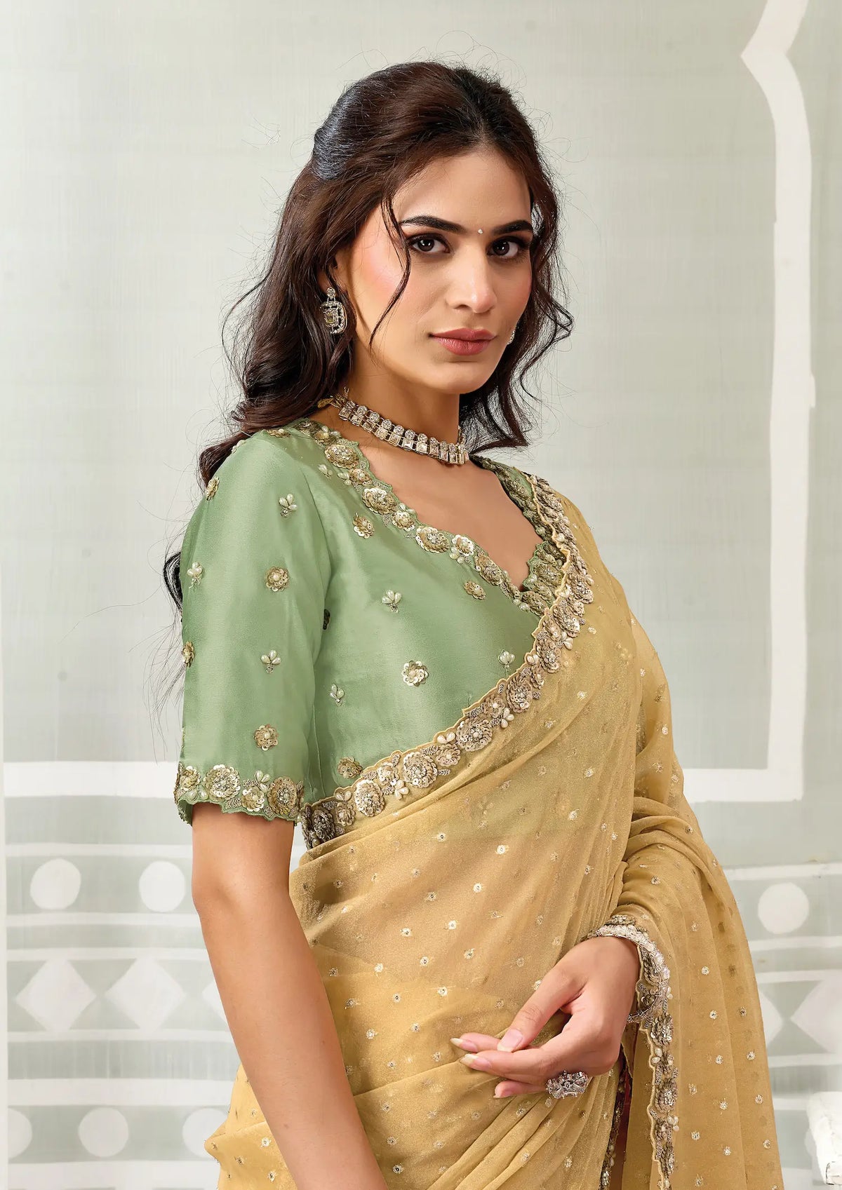 Golden Yellow Embroidery Work Saree