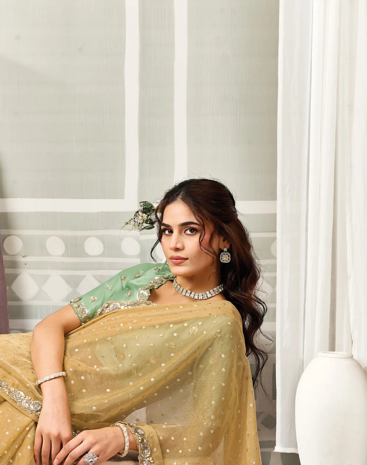 Golden Yellow Embroidery Work Saree