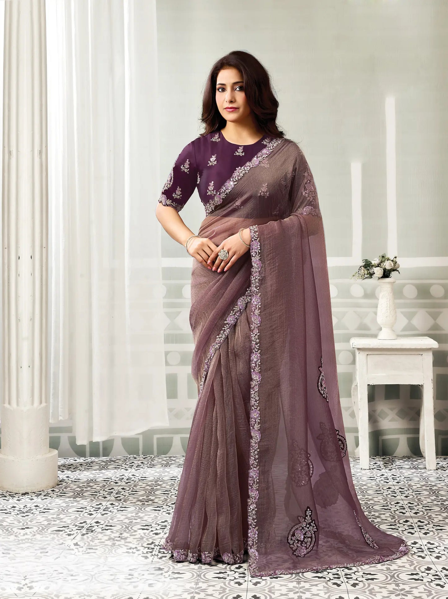 Deep Mauve Embroidery Work Saree