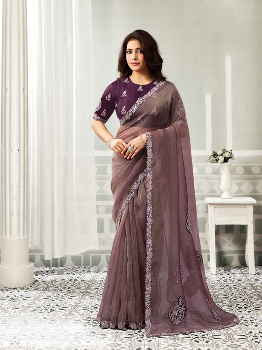Deep Mauve Embroidery Work Saree