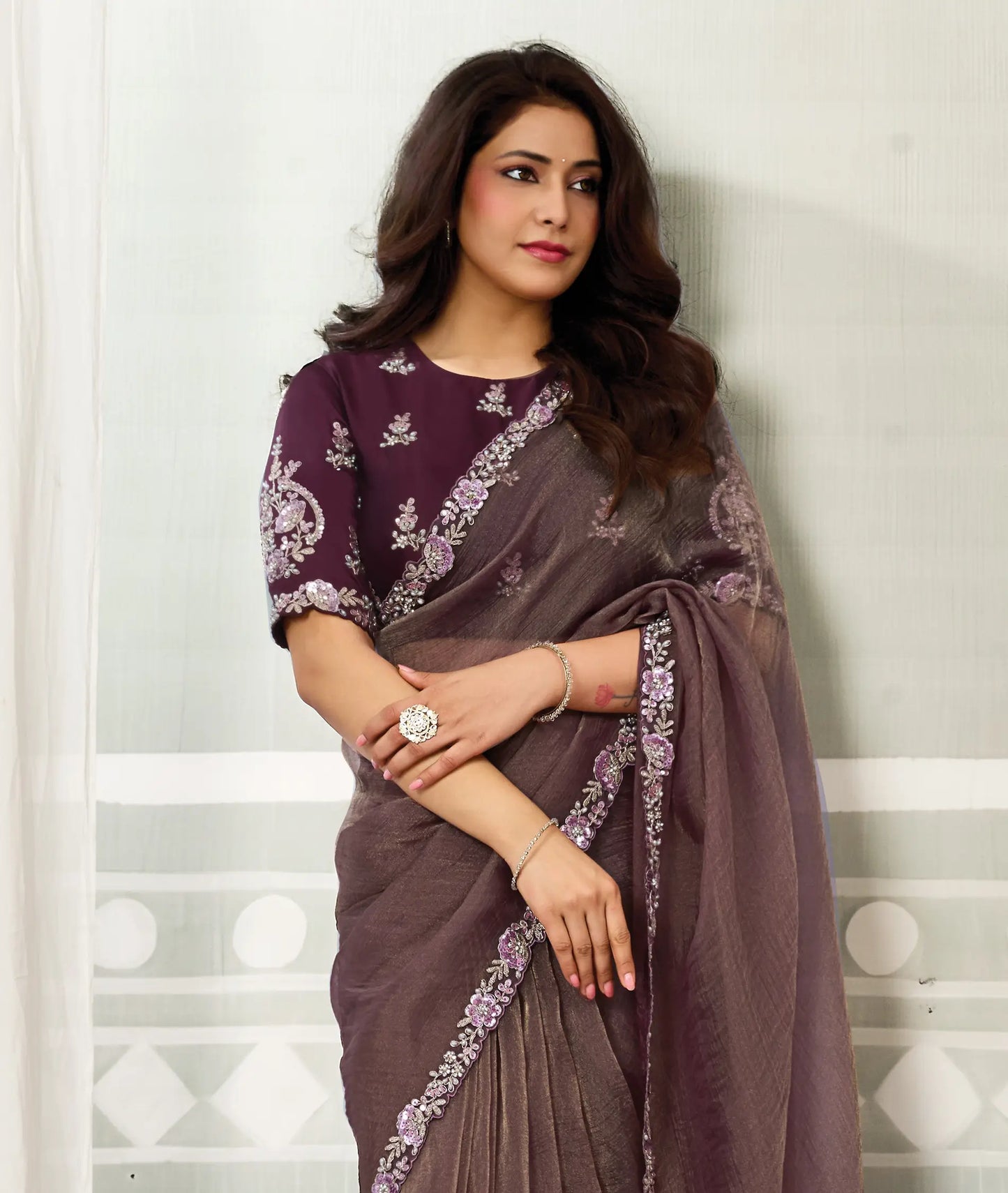 Deep Mauve Embroidery Work Saree