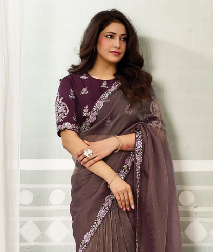 Deep Mauve Embroidery Work Saree