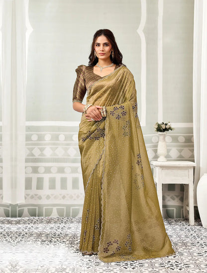 Mustard Olive Swarovski Stone Work Saree