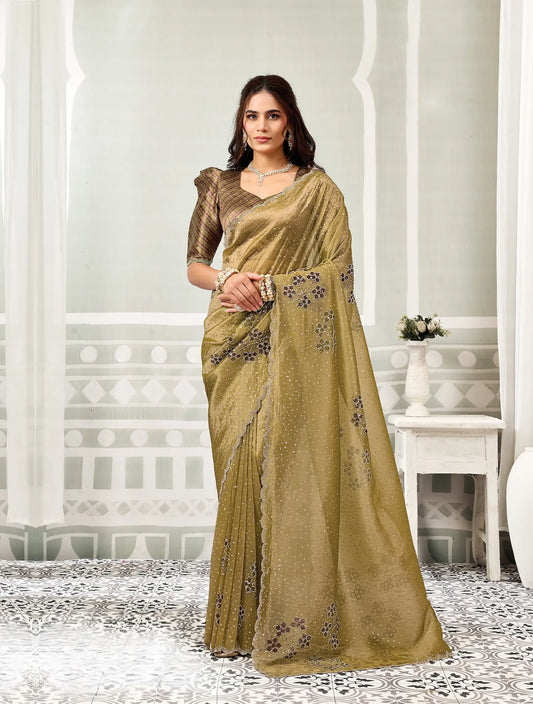 Mustard Olive Swarovski Stone Work Saree