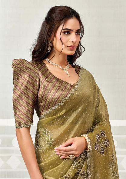 Mustard Olive Swarovski Stone Work Saree