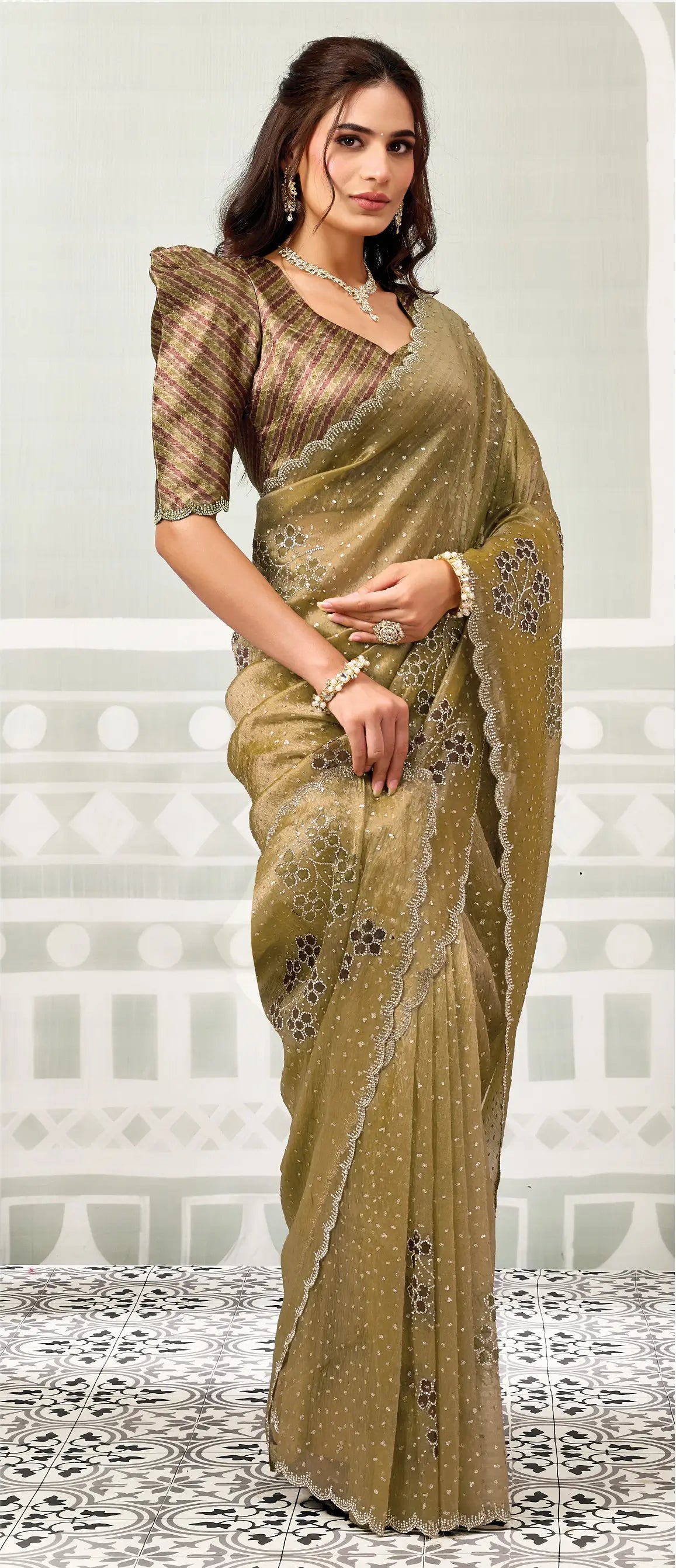 Mustard Olive Swarovski Stone Work Saree