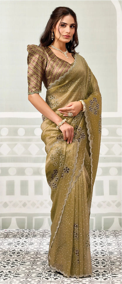 Mustard Olive Swarovski Stone Work Saree