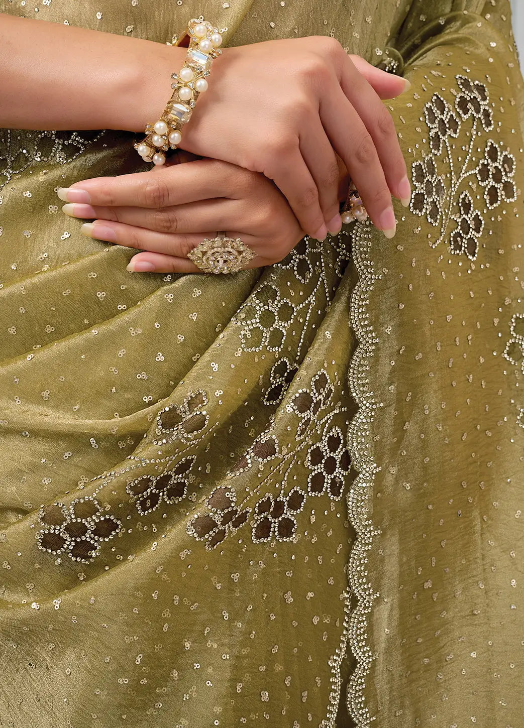 Mustard Olive Swarovski Stone Work Saree