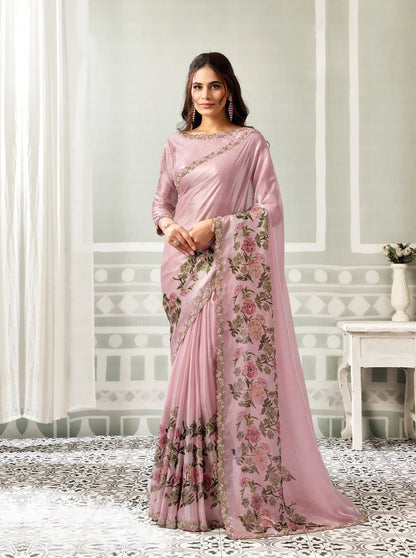 Dusty Pink Printed Saree With Border Work